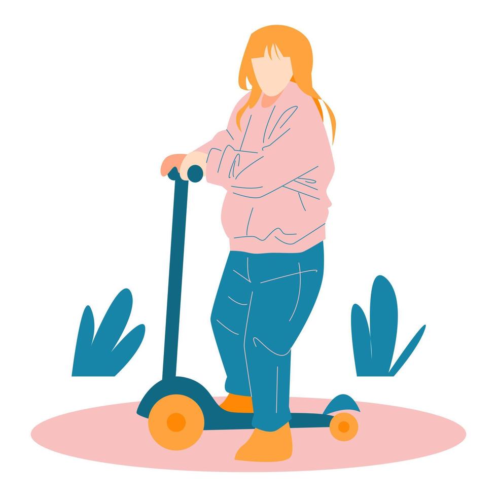 weinig meisje rijden een scooter. geschikt voor kinderen thema, Speel, jeugd, voertuig, enz. vlak vector illustratie