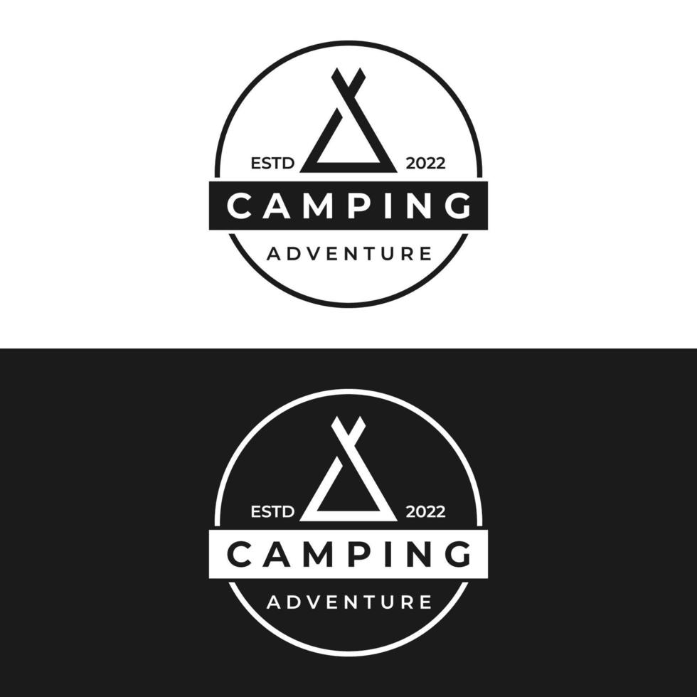 wijnoogst en retro buitenshuis camping of camping tent sjabloon logo.met tent, bomen en kampvuur teken.camping voor avonturiers, verkenners, klimmers. vector