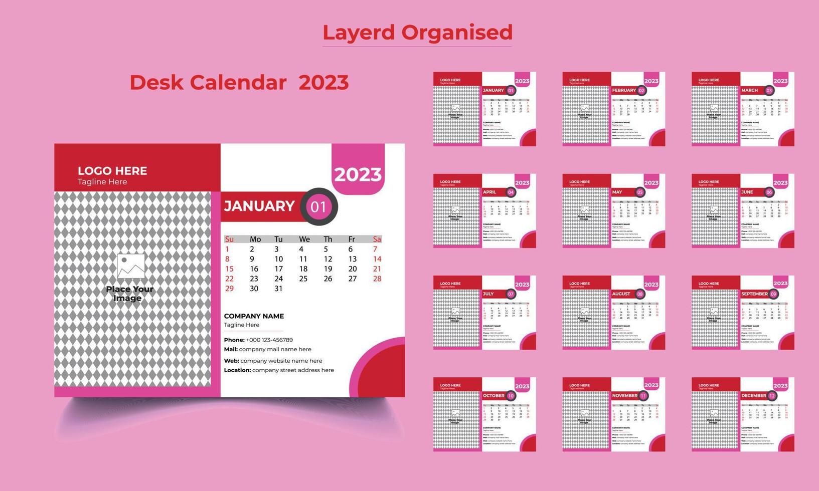 nieuw jaar 2023 bureau kalender sjabloon, bureau kalender sjabloon, 12 maand inbegrepen bureau kalender, 12 bladzijde bedrijf bureau kalender vector