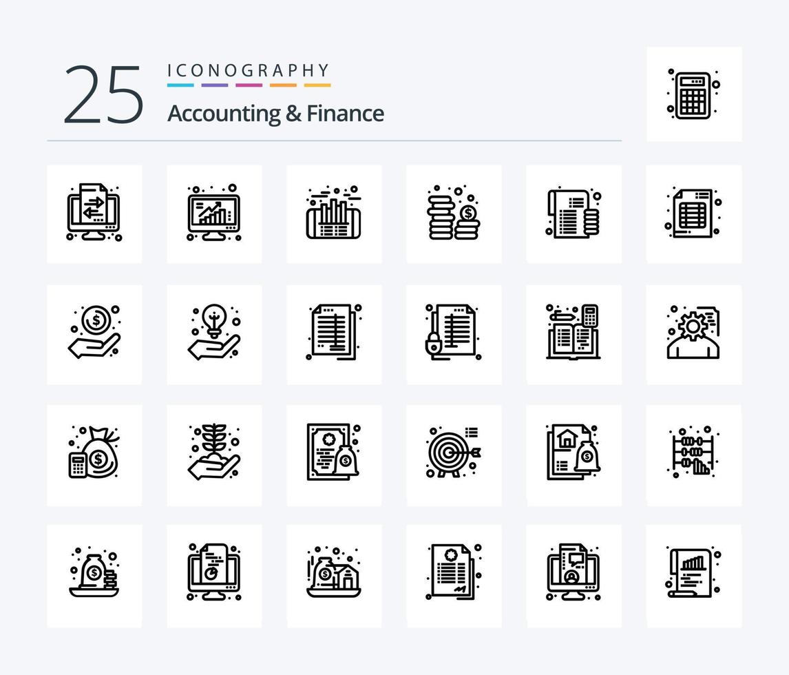 accounting en financiën 25 lijn icoon pak inclusief begroting. geld. gegevens. munten. financiën vector