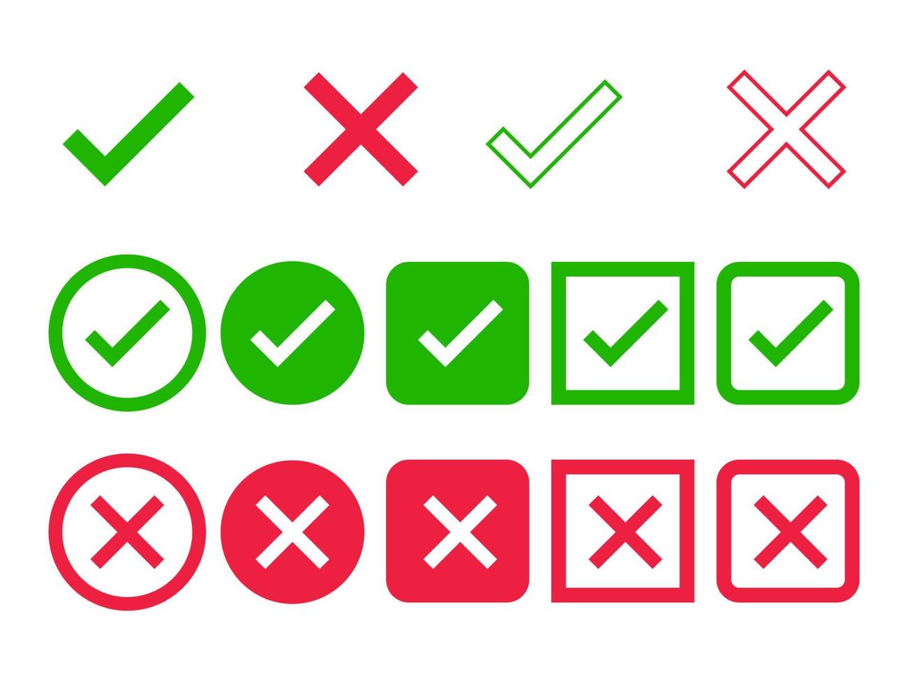 groen controleren of Rechtsaf controleren, rood controleren of kruis controleren vector icoon