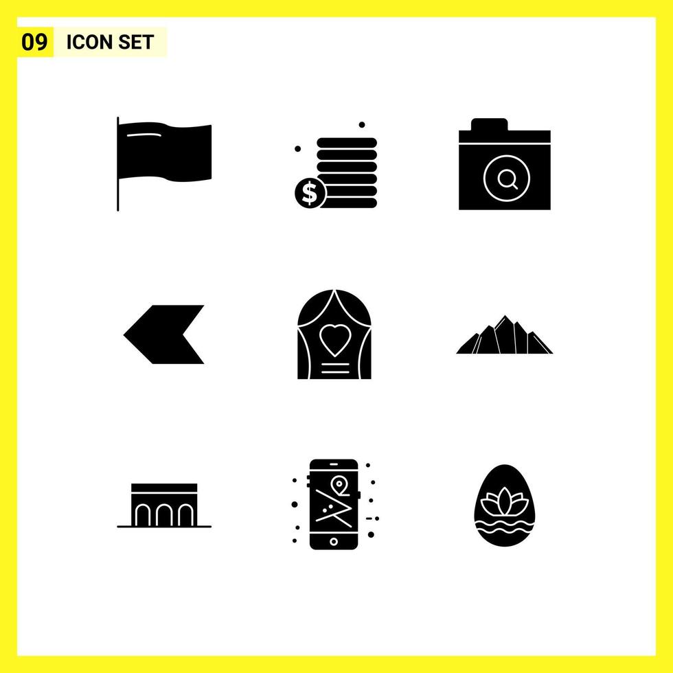 pictogram reeks van 9 gemakkelijk solide glyphs van landschap bruiloft vind liefde boog bewerkbare vector ontwerp elementen