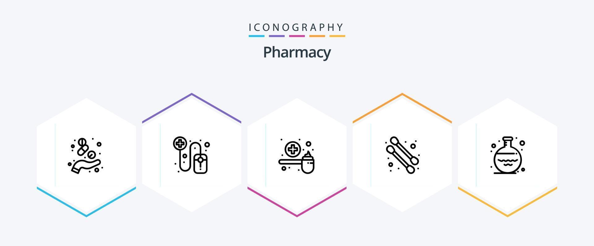 apotheek 25 lijn icoon pak inclusief apotheek. fles. genezing. katoen wattenstaafje. lepel vector