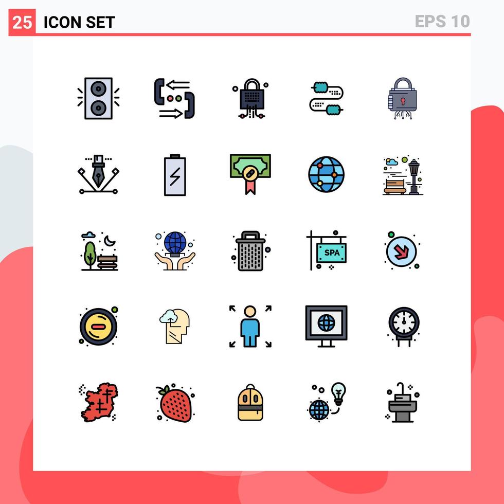 25 universeel gevulde lijn vlak kleuren reeks voor web en mobiel toepassingen veiligheid gewricht telefoon draad technologie bewerkbare vector ontwerp elementen
