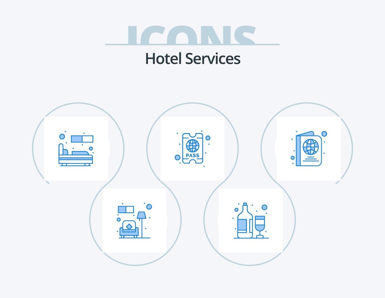 hotel Diensten blauw icoon pak 5 icoon ontwerp. reizen. paspoort. bed. ticket. hotel vector