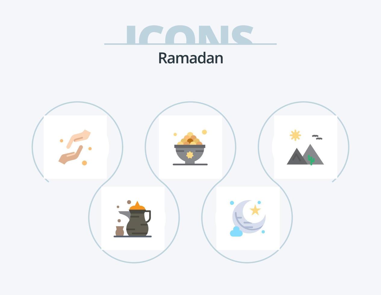 Ramadan vlak icoon pak 5 icoon ontwerp. maaltijd. iftar. zorg. voedsel. shahada vector