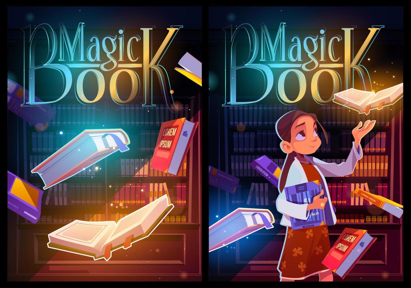 magie boek tekenfilm affiches, jong meisje in bibliotheek vector