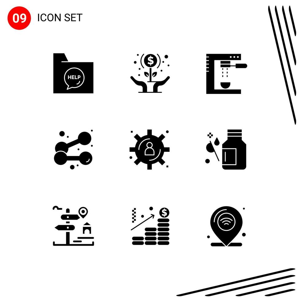 modern reeks van 9 solide glyphs pictogram van sport halter handen machine espresso bewerkbare vector ontwerp elementen