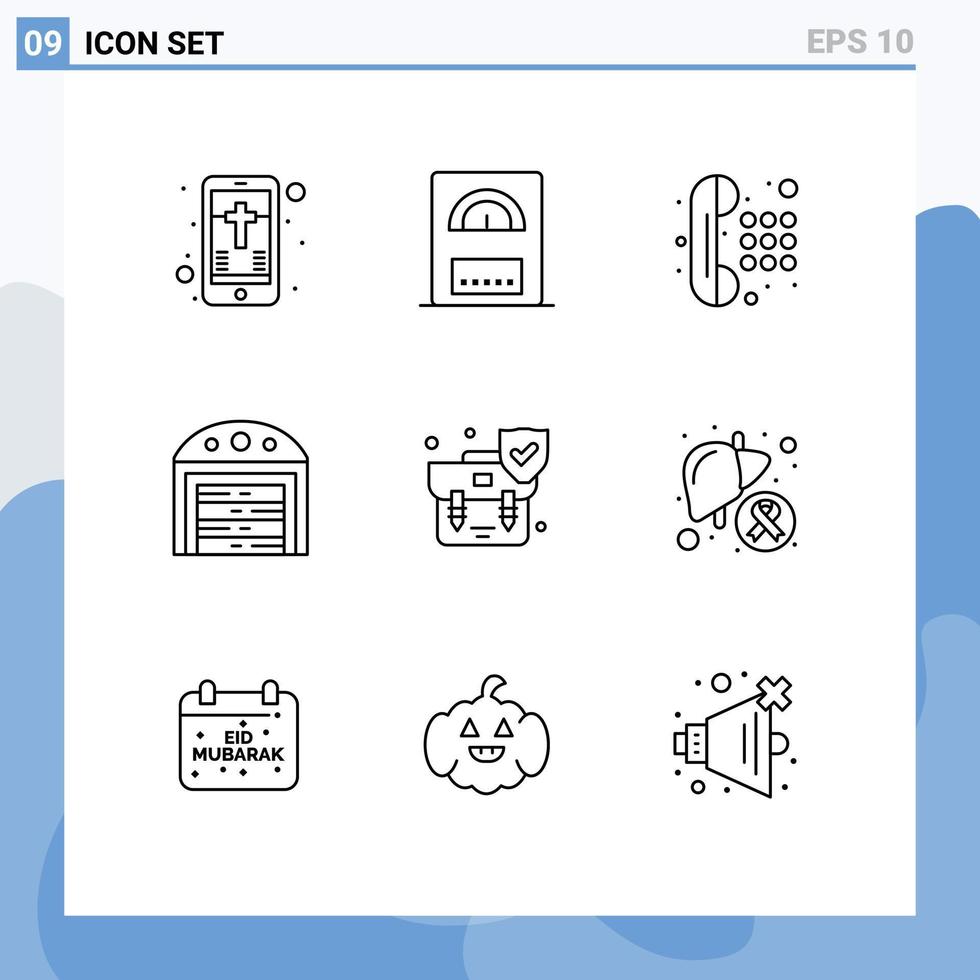 groep van 9 contouren tekens en symbolen voor schild verzekering telefoon handtas bouw bewerkbare vector ontwerp elementen