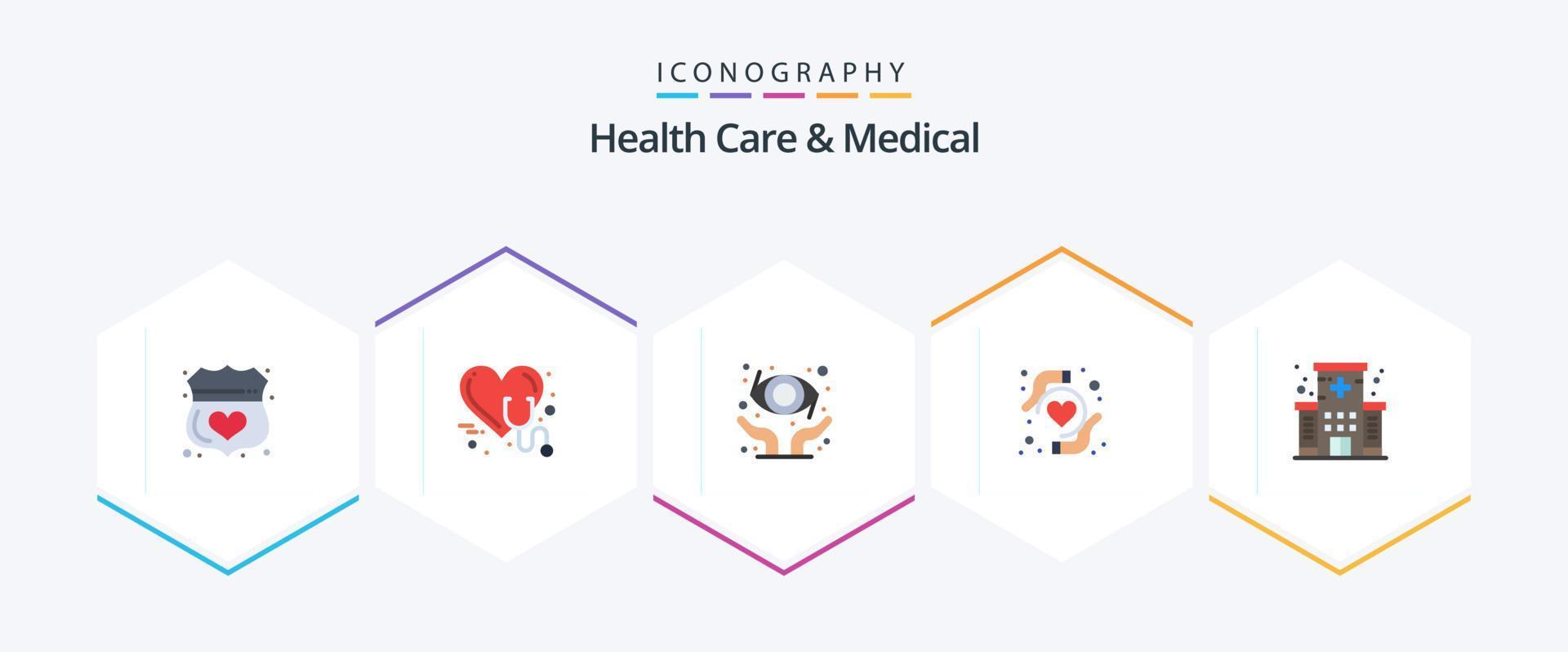 Gezondheid zorg en medisch 25 vlak icoon pak inclusief ziekenhuis. hart bescherming. stethoscoop. hart Gezondheid. oogheelkunde vector