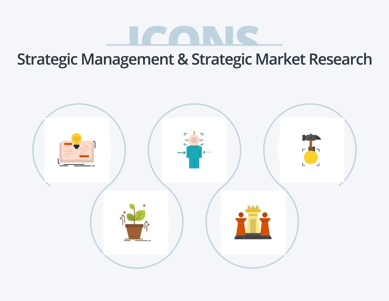 strategisch beheer en strategisch markt Onderzoek vlak icoon pak 5 icoon ontwerp. doel. doelwit. technologie. focus. verhaal vector