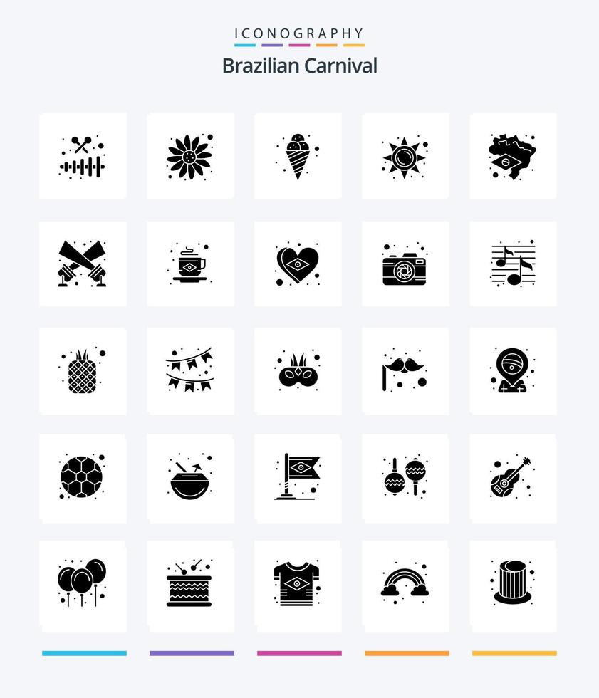 creatief braziliaans carnaval 25 glyph solide zwart icoon pak zo net zo kaart. Brazilië. voedsel. zon licht. licht vector