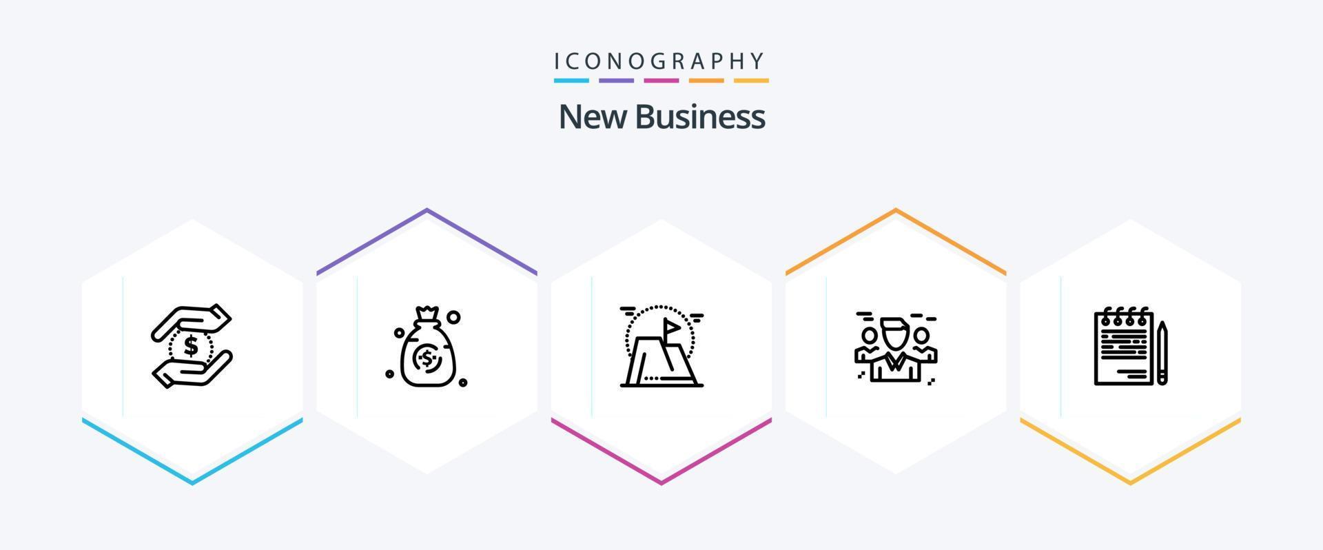 nieuw bedrijf 25 lijn icoon pak inclusief vrienden . geld. berg. doel vector