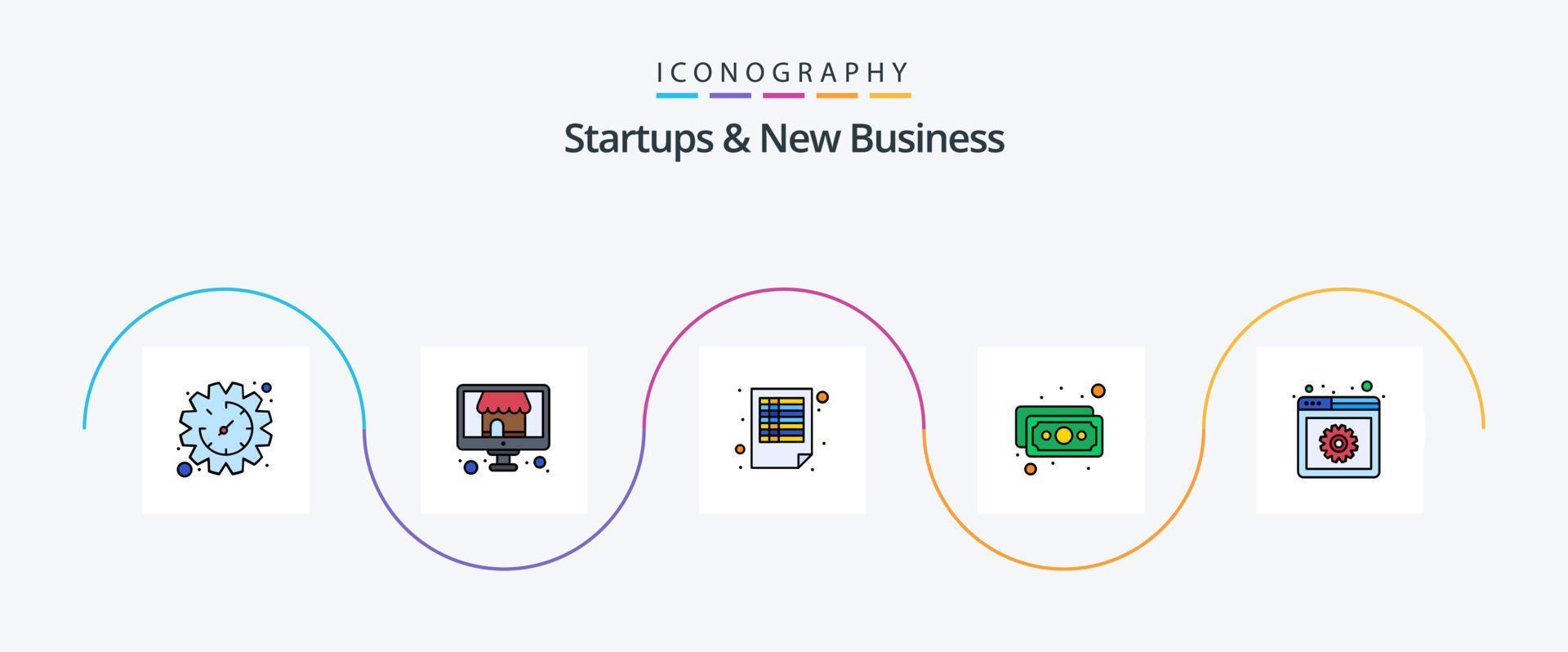 startups en nieuw bedrijf lijn gevulde vlak 5 icoon pak inclusief web ontwikkeling. begroting. documenten. geld. bankbiljet vector