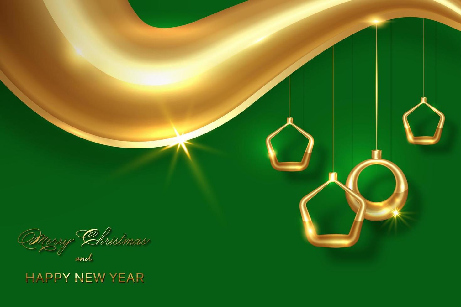 Kerstmis luxe vakantie banier met goud handgeschreven vrolijk Kerstmis en gelukkig nieuw jaar groeten en gouden Kerstmis ballen. vector illustratie Aan folie textuur, groen achtergrond