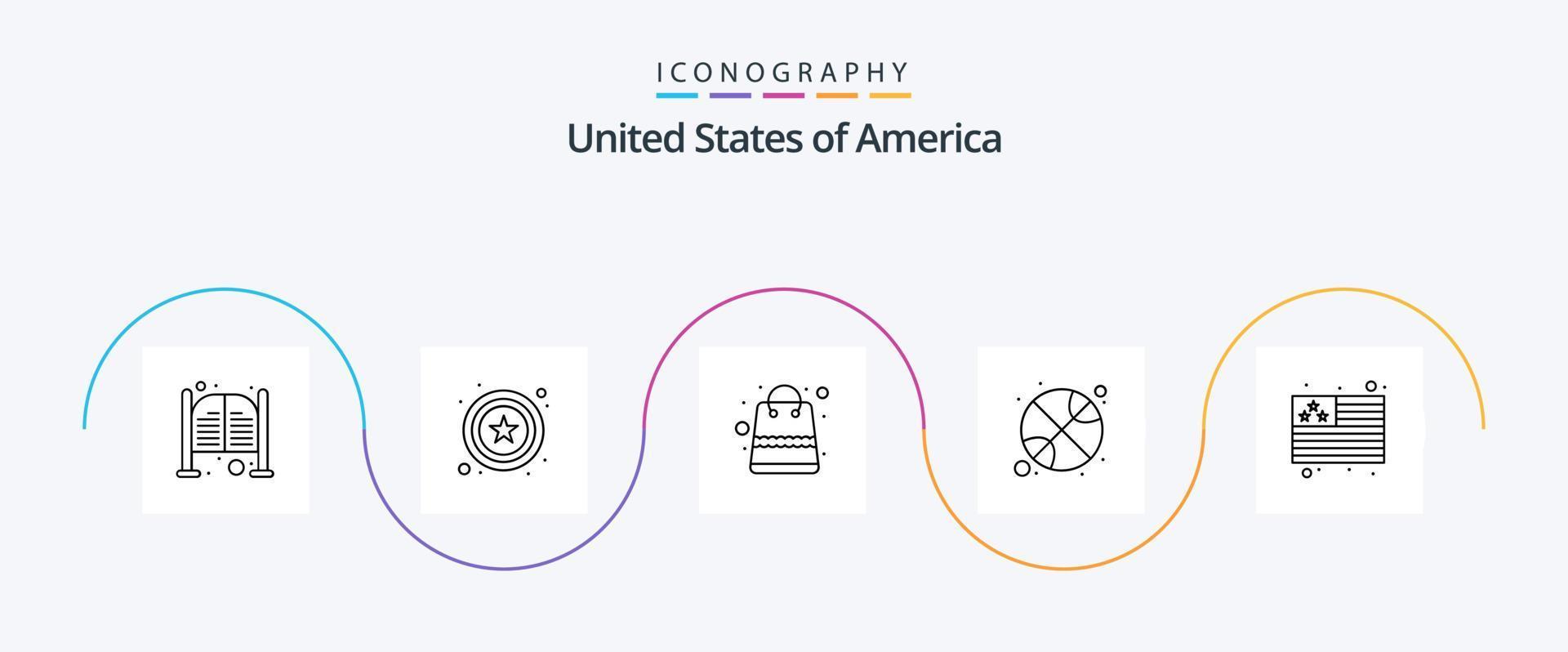 Verenigde Staten van Amerika lijn 5 icoon pak inclusief vlag. dag. tas. sport. basketbal vector