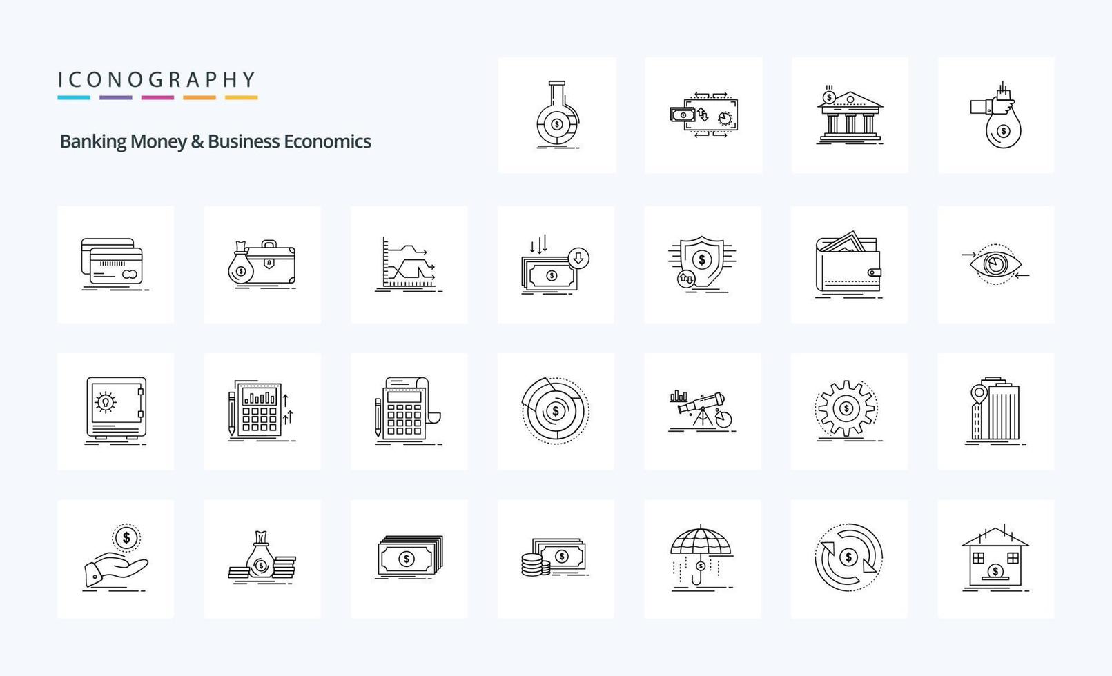 25 bank geld en bedrijf economie lijn icoon pak vector