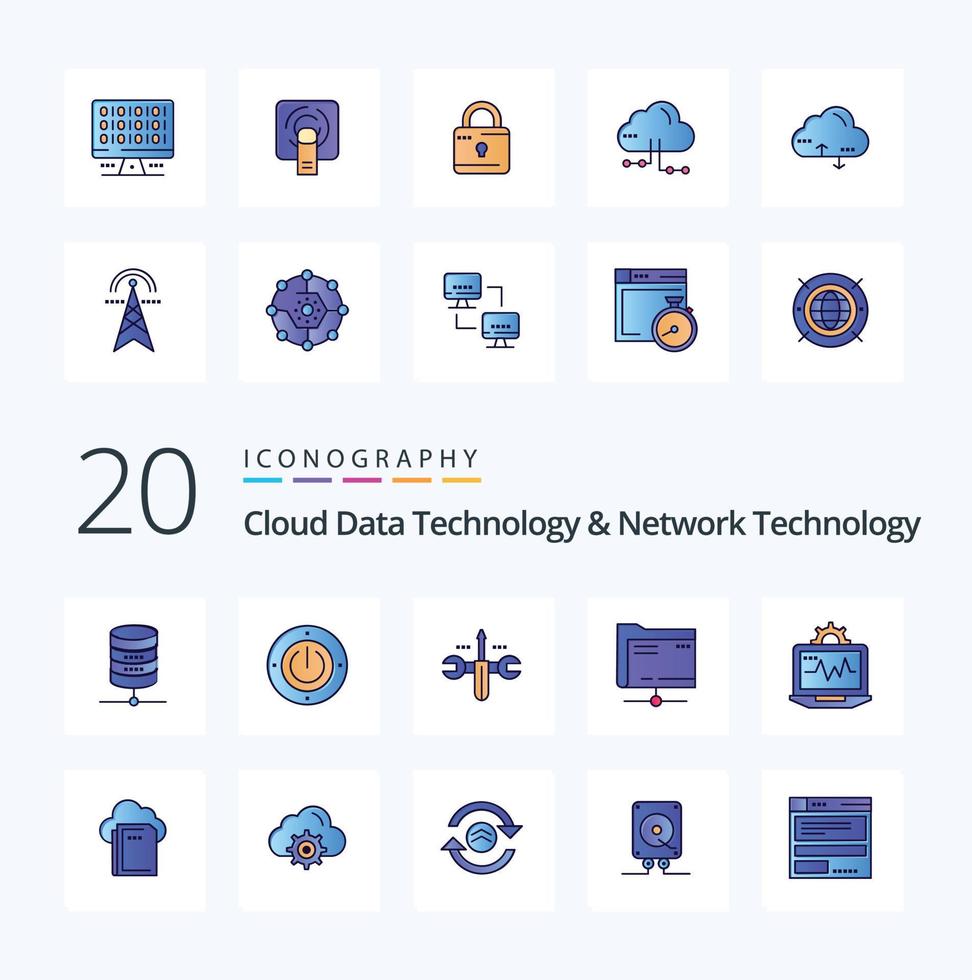 20 wolk gegevens technologie en netwerk technologie lijn gevulde kleur icoon pak Leuk vinden computer opslagruimte wolk server map vector