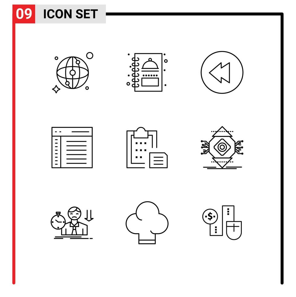 9 creatief pictogrammen modern tekens en symbolen van papier document terugspoelen klembord koppel bewerkbare vector ontwerp elementen