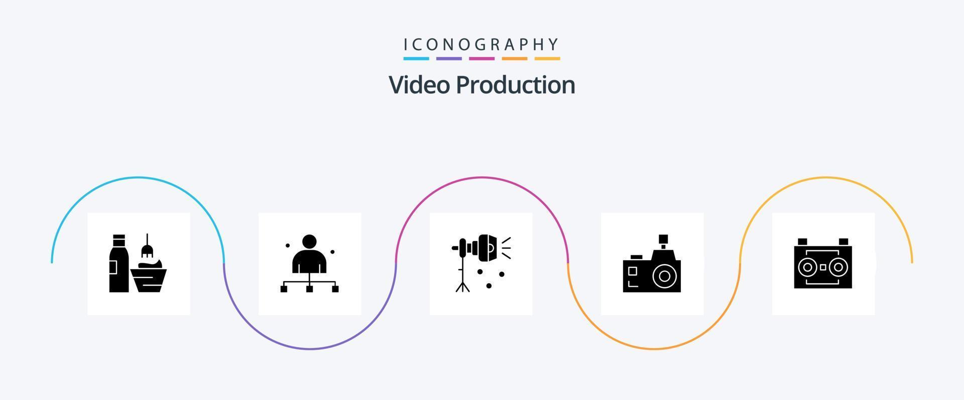 video productie glyph 5 icoon pak inclusief flash fotografie. camera. regisseur. studio licht. bliksem vector