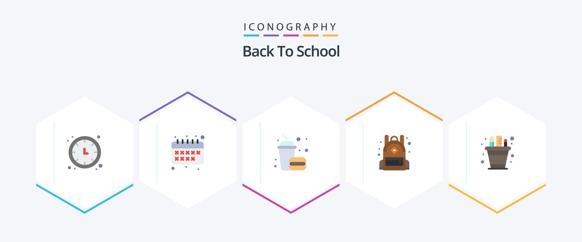 terug naar school- 25 vlak icoon pak inclusief potlood. bedrijf. hamburger. school. zak vector