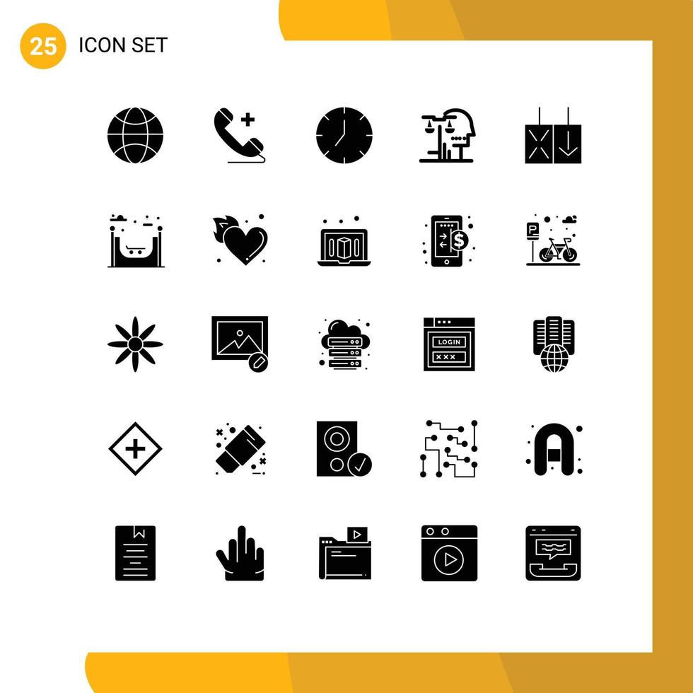 modern reeks van 25 solide glyphs pictogram van omgekeerde wet media oordeel rechtbank bewerkbare vector ontwerp elementen