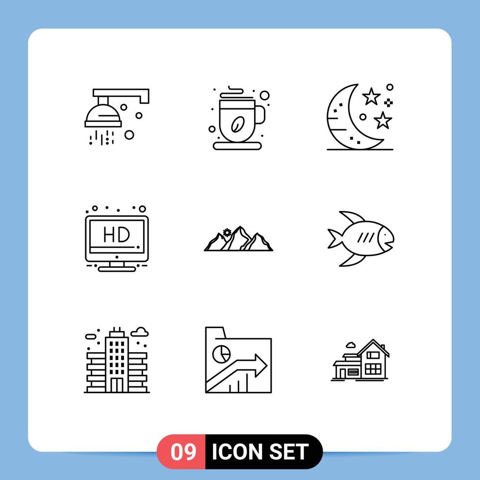 modern reeks van 9 contouren pictogram van natuur heuvel bar televisie hd bewerkbare vector ontwerp elementen