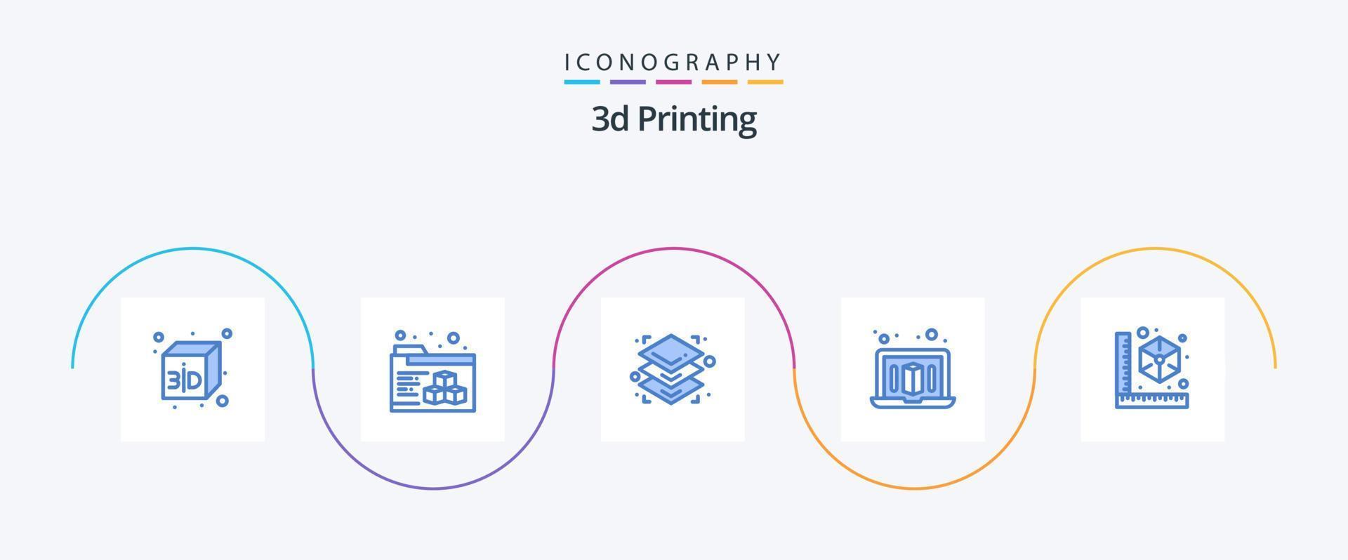 3d het drukken blauw 5 icoon pak inclusief printer. apparaatje. s. kubus. 3d vector