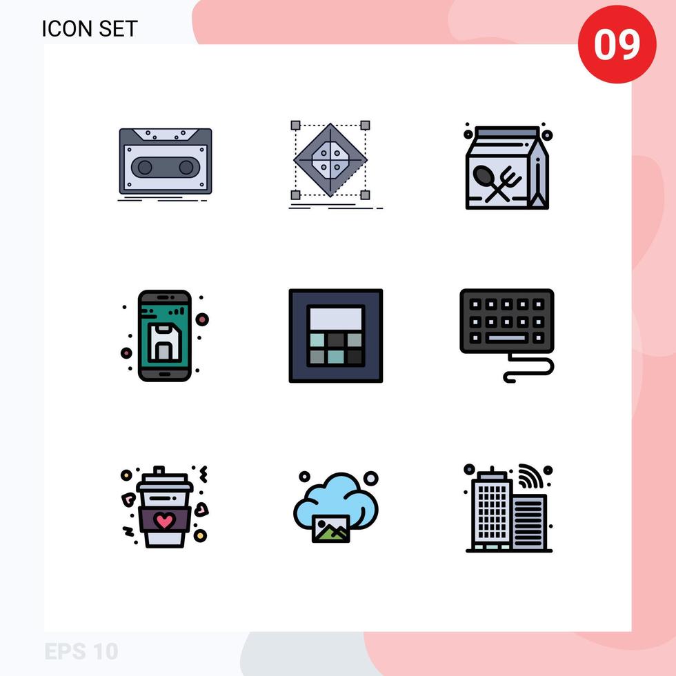 mobiel koppel gevulde lijn vlak kleur reeks van 9 pictogrammen van het dossier terug model- lunch onderwijs bewerkbare vector ontwerp elementen