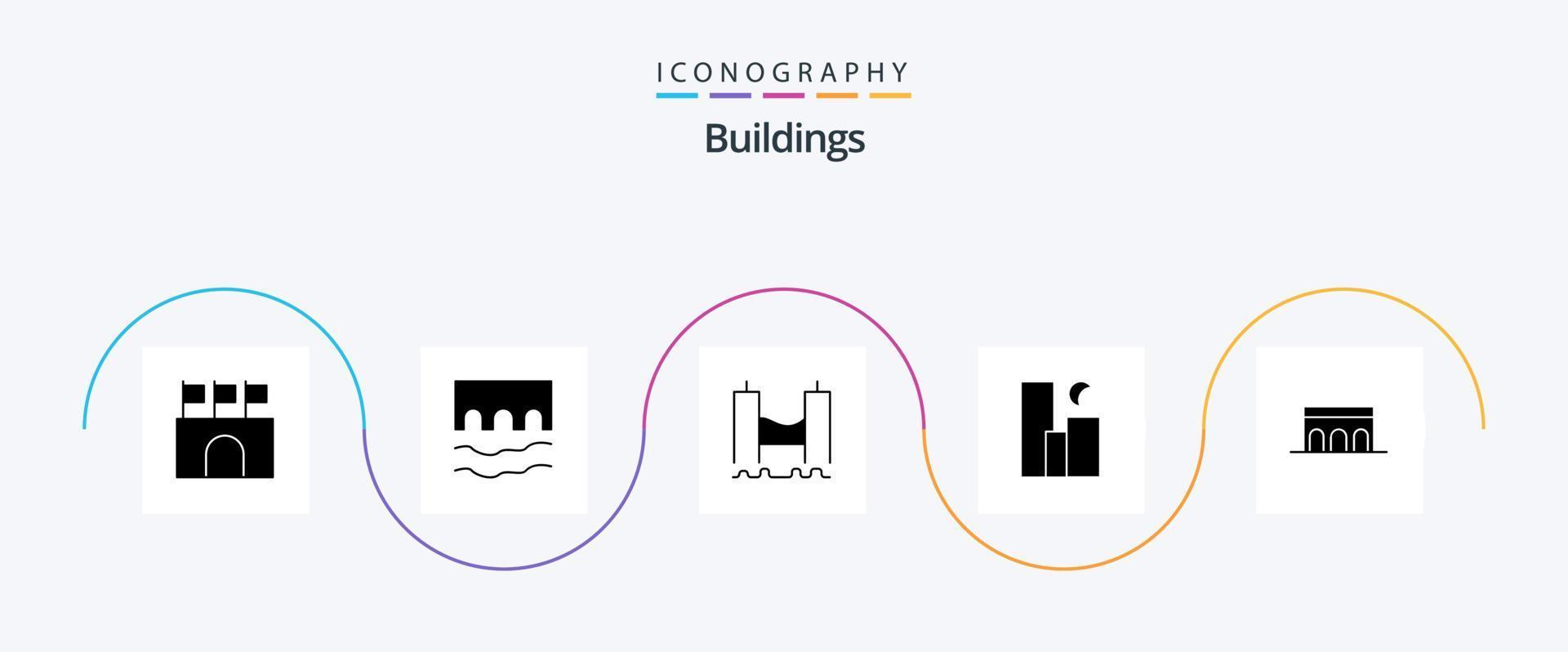 gebouwen glyph 5 icoon pak inclusief maan. stad. monument. rivier. haven vector