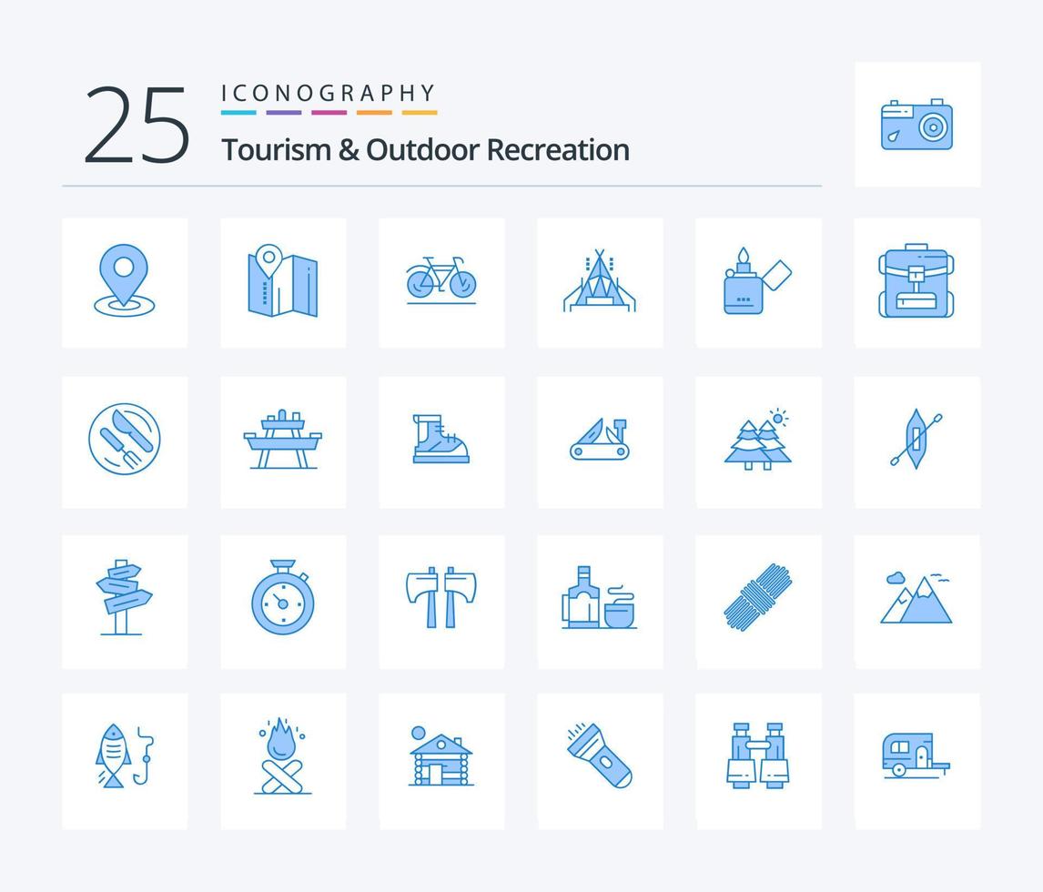 toerisme en buitenshuis recreatie 25 blauw kleur icoon pak inclusief onderhoud. zak . kamp. zippo. aansteker vector