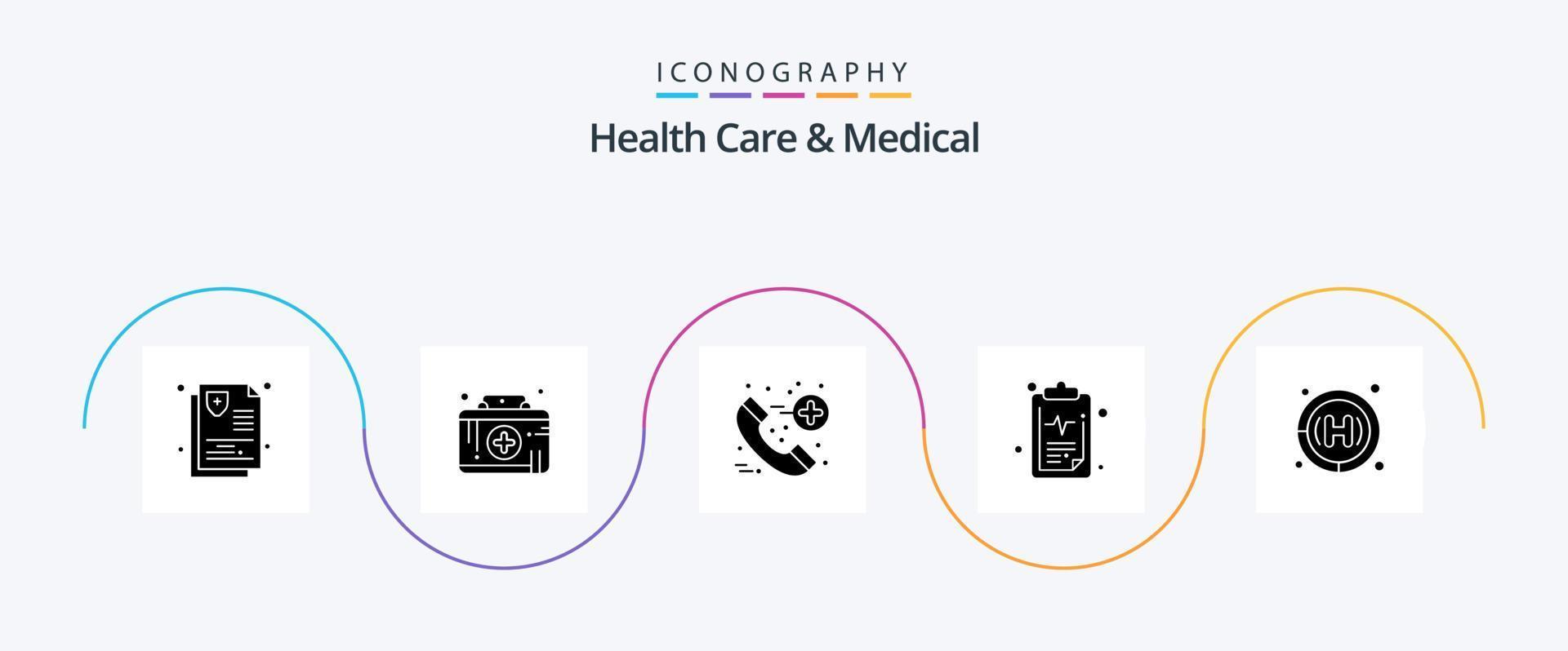 Gezondheid zorg en medisch glyph 5 icoon pak inclusief ziekenhuis. kliniek. telefoongesprek. resultaat. Gezondheid vector
