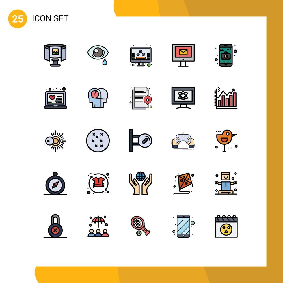 pictogram reeks van 25 gemakkelijk gevulde lijn vlak kleuren van camera onderhoud bedrijf babbelen computer bewerkbare vector ontwerp elementen