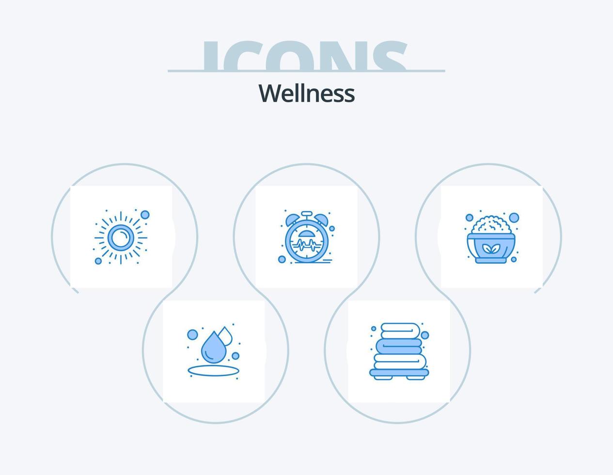 welzijn blauw icoon pak 5 icoon ontwerp. salade. voedsel. meditatie. tijd. hart vector