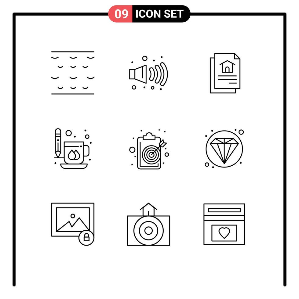 schets pak van 9 universeel symbolen van doelstelling klembord huis doel mok bewerkbare vector ontwerp elementen
