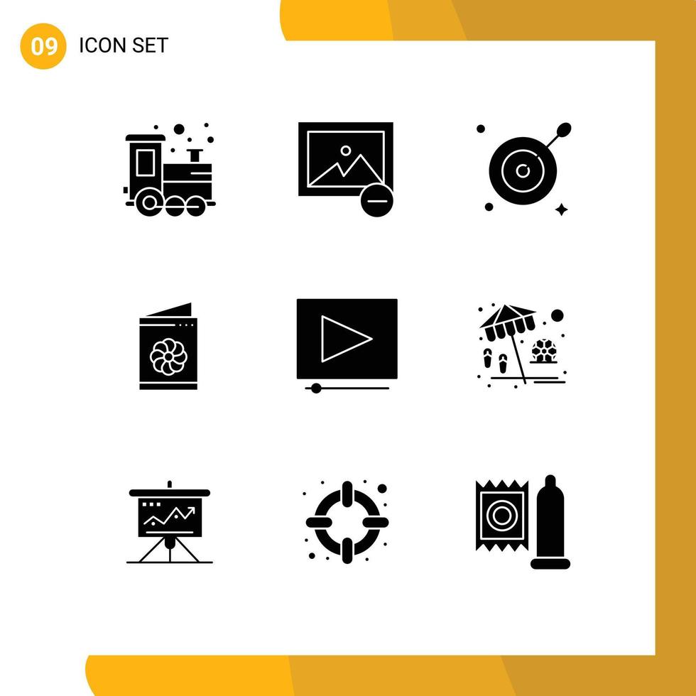 9 solide glyph concept voor websites mobiel en apps strand klem doel video groet kaart bewerkbare vector ontwerp elementen
