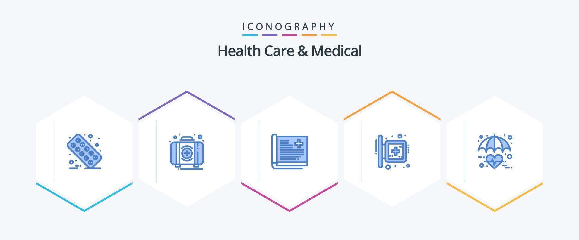 Gezondheid zorg en medisch 25 blauw icoon pak inclusief teken. ziekenhuis. doos. bord. verslag doen van vector
