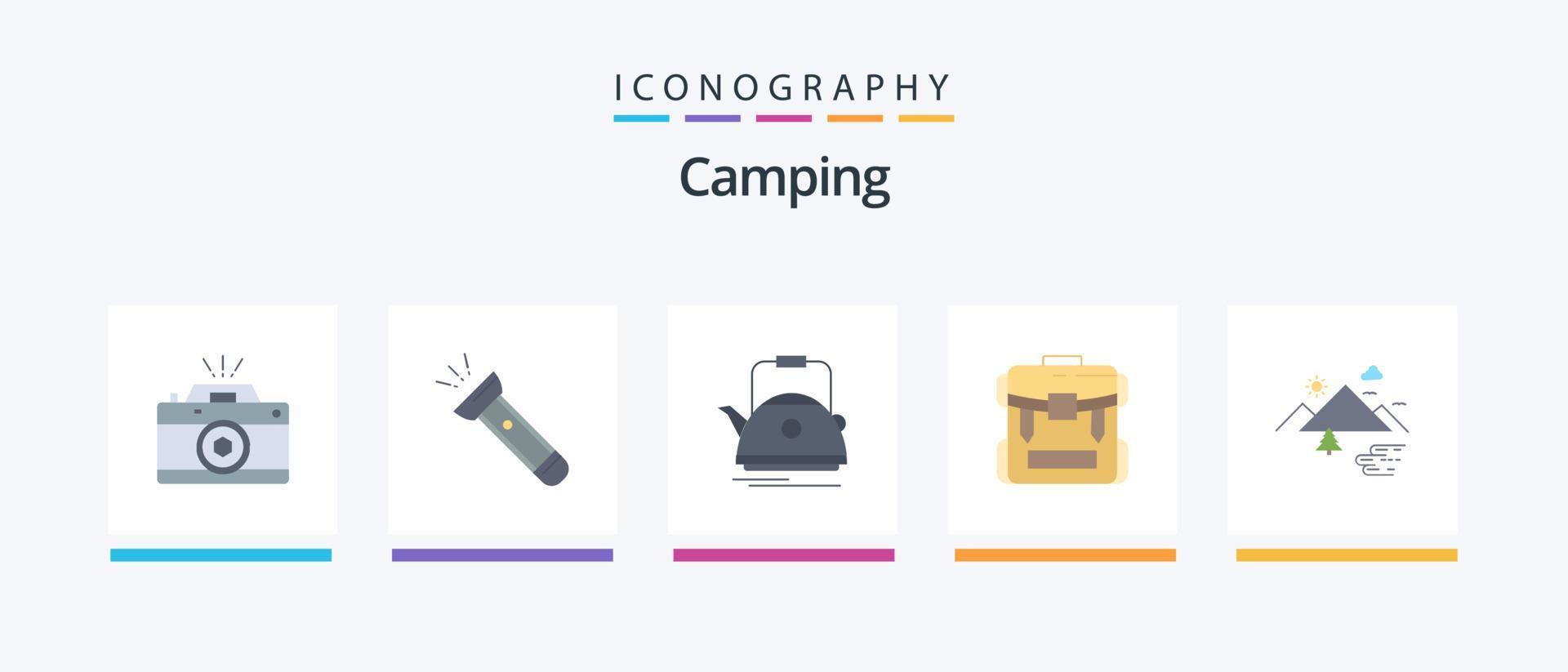 camping vlak 5 icoon pak inclusief rits. tas. camping. pot. theepot. creatief pictogrammen ontwerp vector