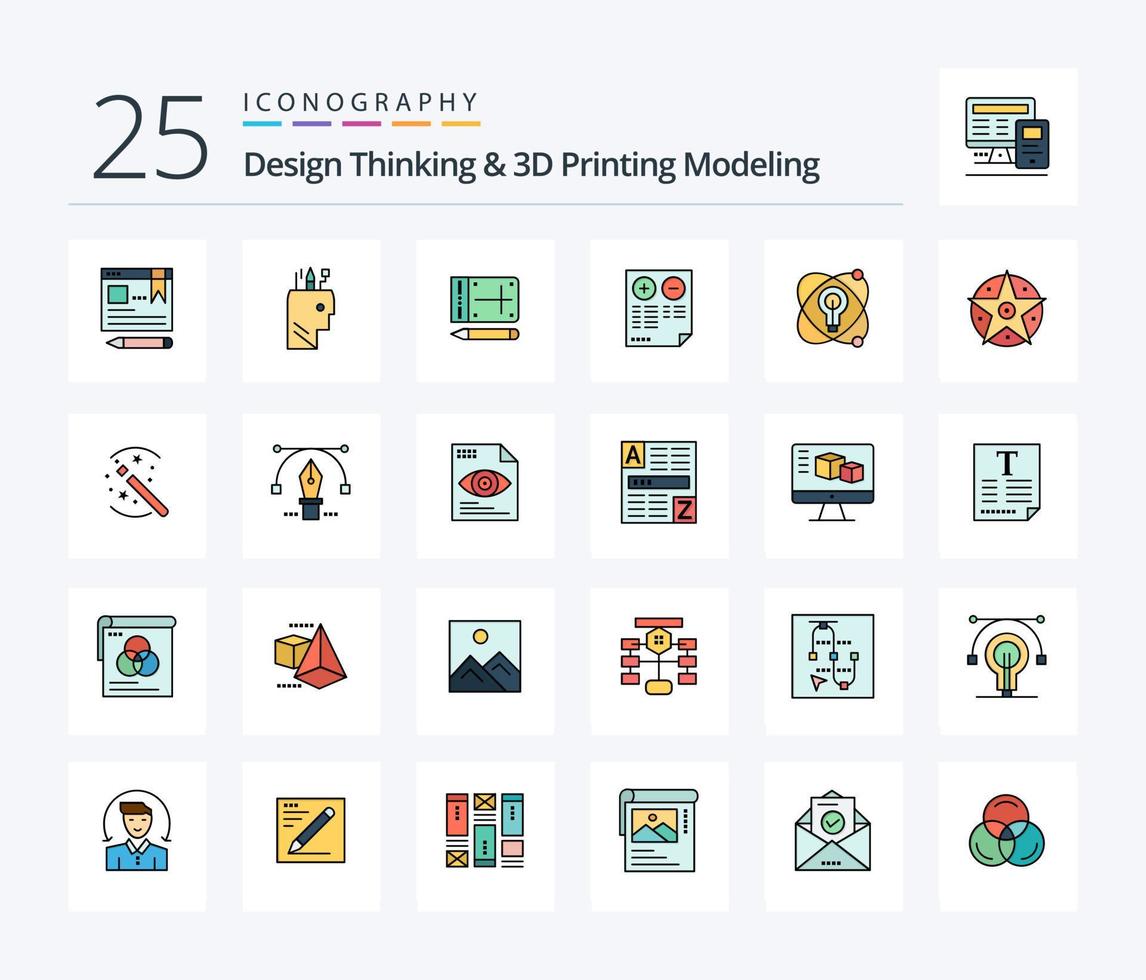ontwerp denken en d het drukken modellering 25 lijn gevulde icoon pak inclusief atoom. plus. mobiel. document. voors vector