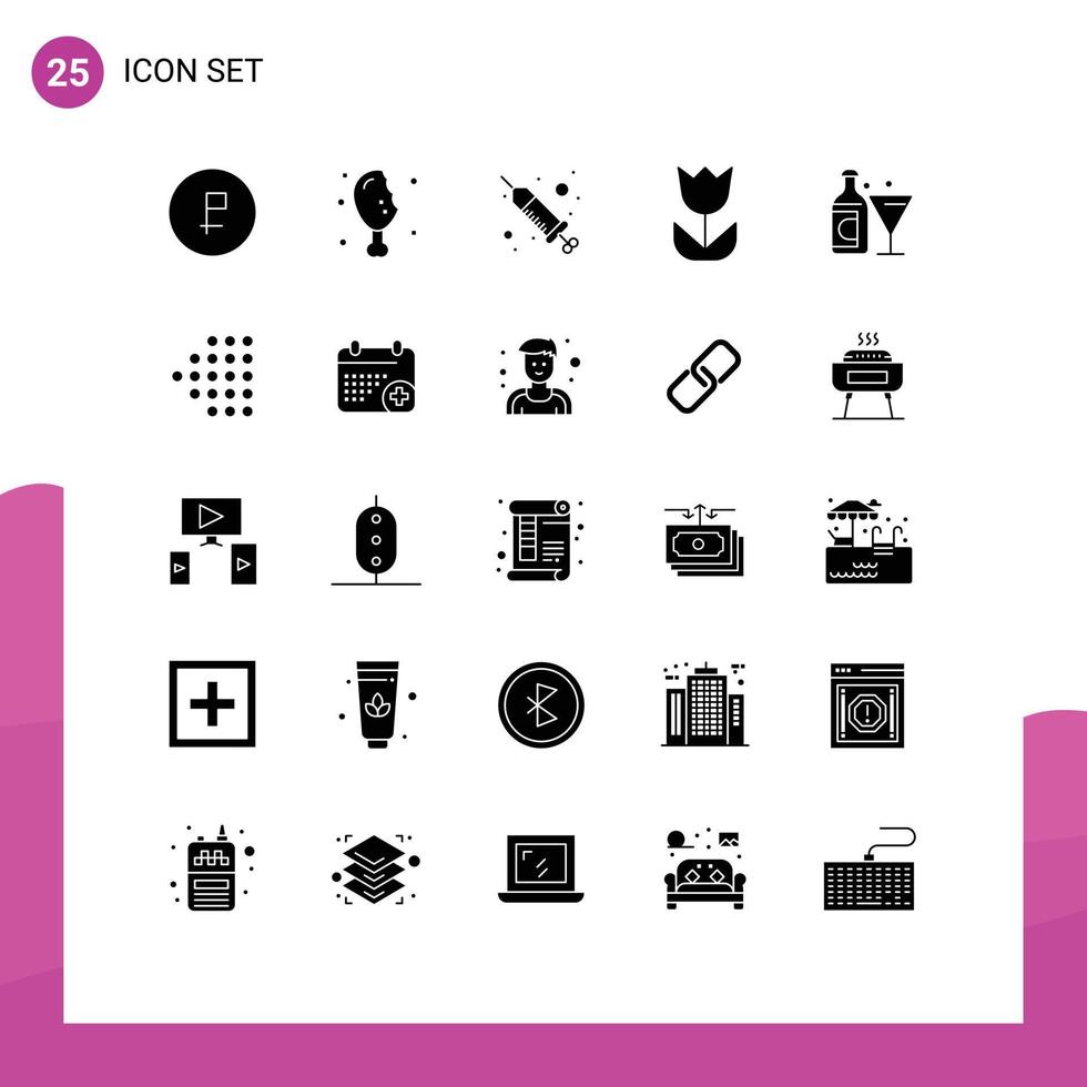 modern reeks van 25 solide glyphs pictogram van wijn macro kalkoen been bloem spa bewerkbare vector ontwerp elementen