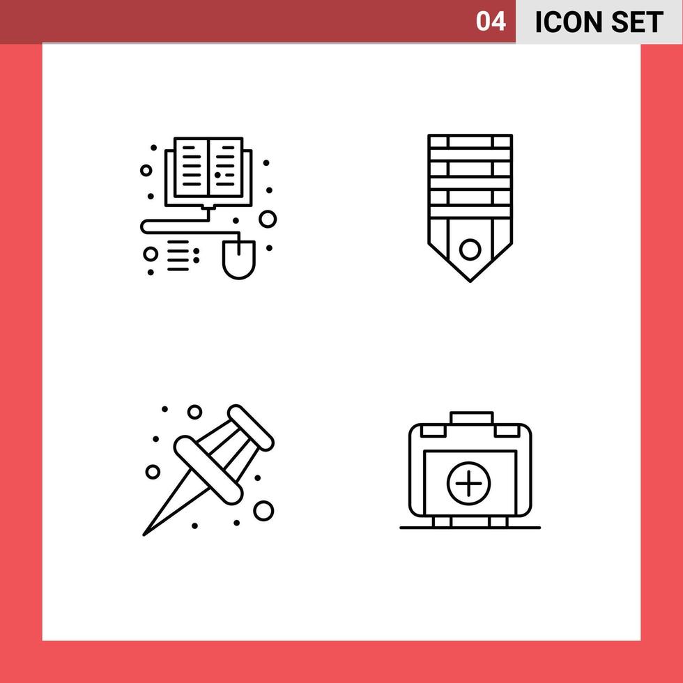 modern reeks van 4 gevulde lijn vlak kleuren pictogram van boeken pin insigne strepen handtas bewerkbare vector ontwerp elementen