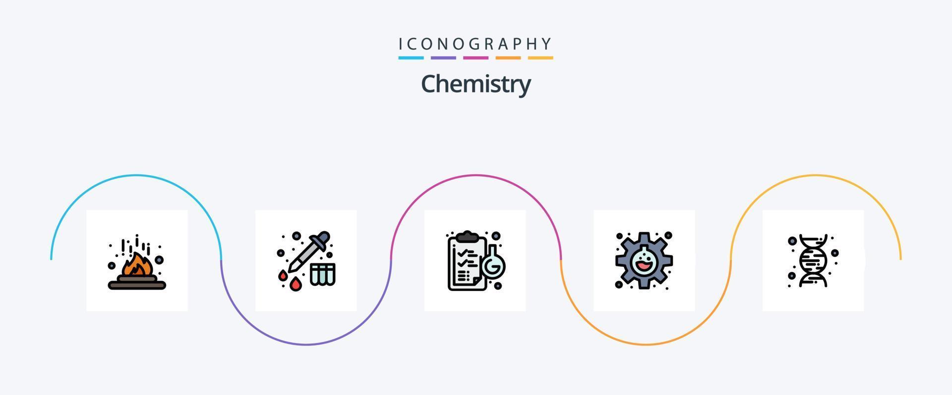 chemie lijn gevulde vlak 5 icoon pak inclusief dna. Onderzoek. klembord. versnelling. experiment vector