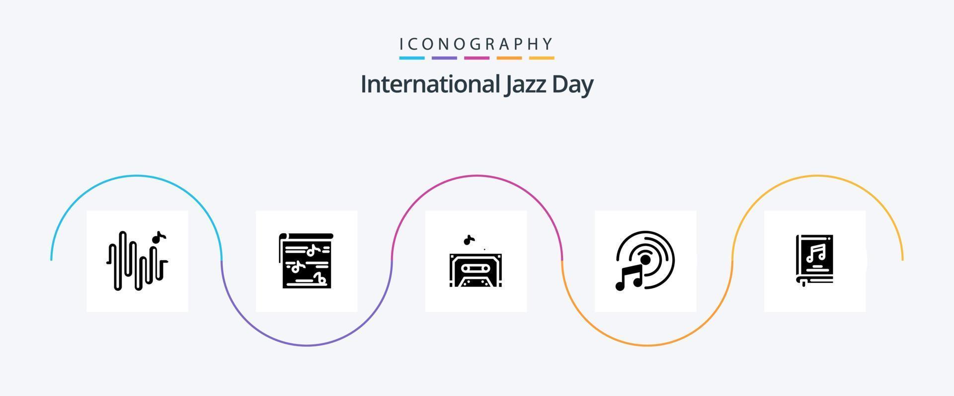 Internationale jazz- dag glyph 5 icoon pak inclusief multimediaal. CD schijf . foto . geluid vector