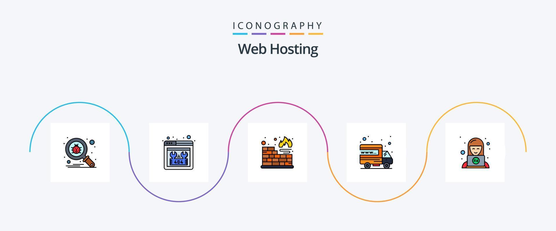 web hosting lijn gevulde vlak 5 icoon pak inclusief technisch. klant. databank. domein. Internationale vector