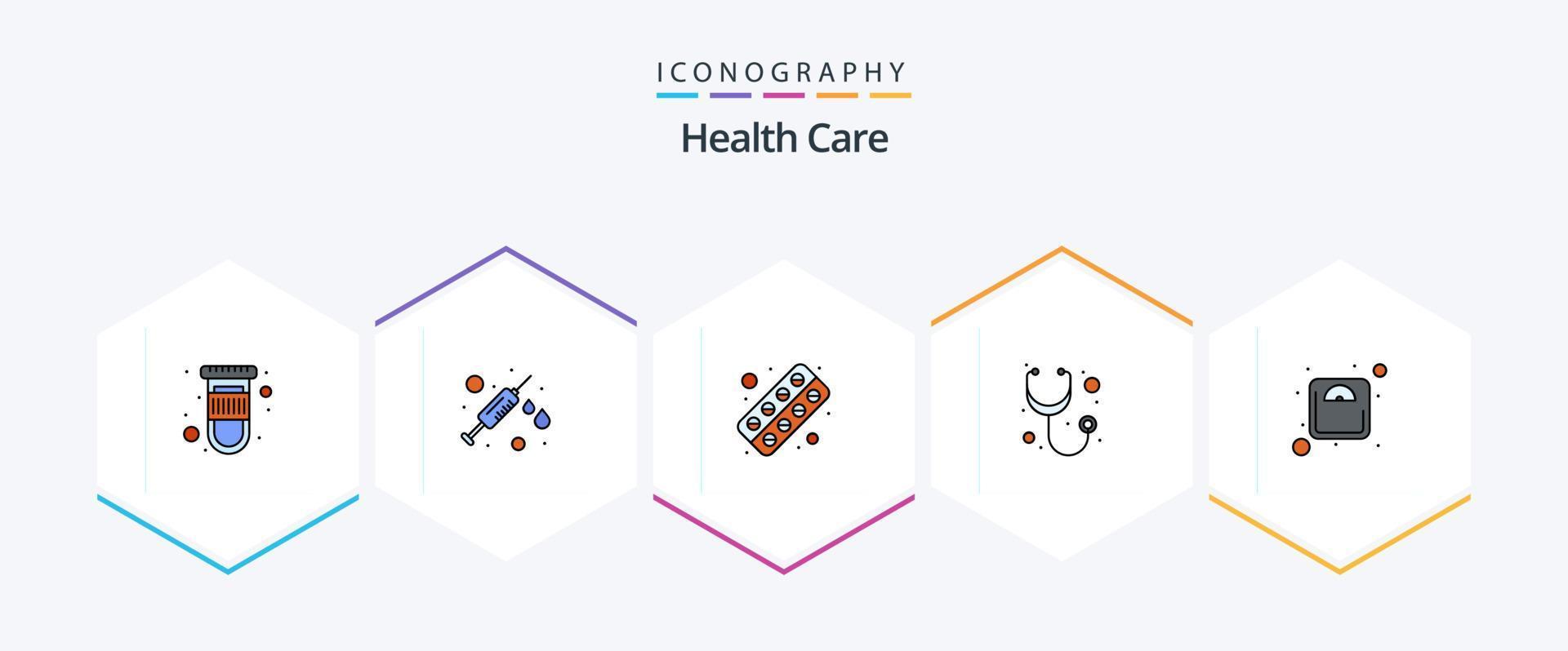 Gezondheid zorg 25 gevulde lijn icoon pak inclusief schaal. capsule. stethoscoop. diagnose vector