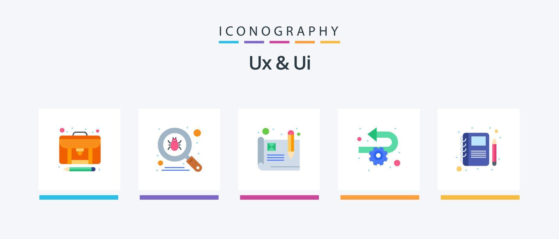 ux en ui vlak 5 icoon pak inclusief schetsen. boek. voorlopig ontwerp. werkwijze. weerbaar. creatief pictogrammen ontwerp vector