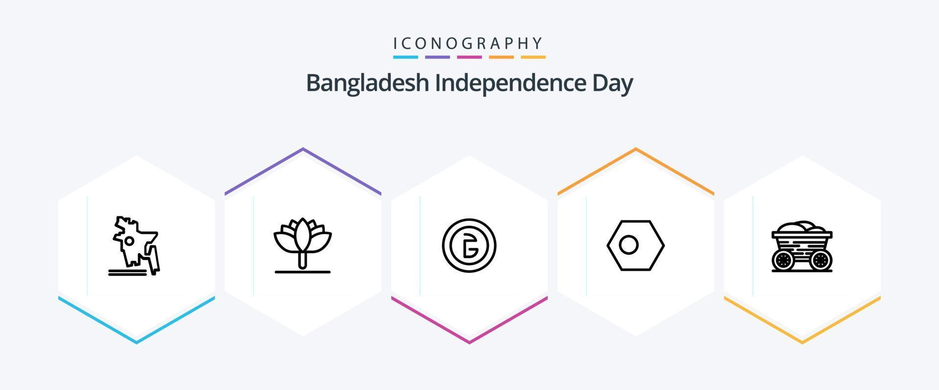 Bangladesh onafhankelijkheid dag 25 lijn icoon pak inclusief kar. vlag. munteenheid. land. bangla vector