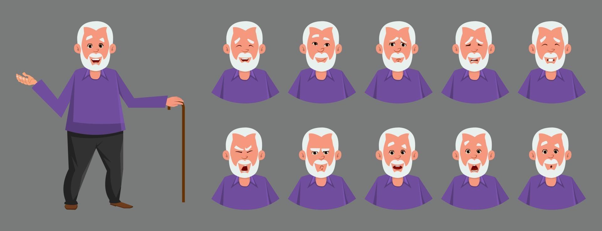 oude man karakter met verschillende emotie of expressie. verschillende emoties of uitdrukkingen ingesteld voor aangepast personageontwerp, beweging of animatie. vector