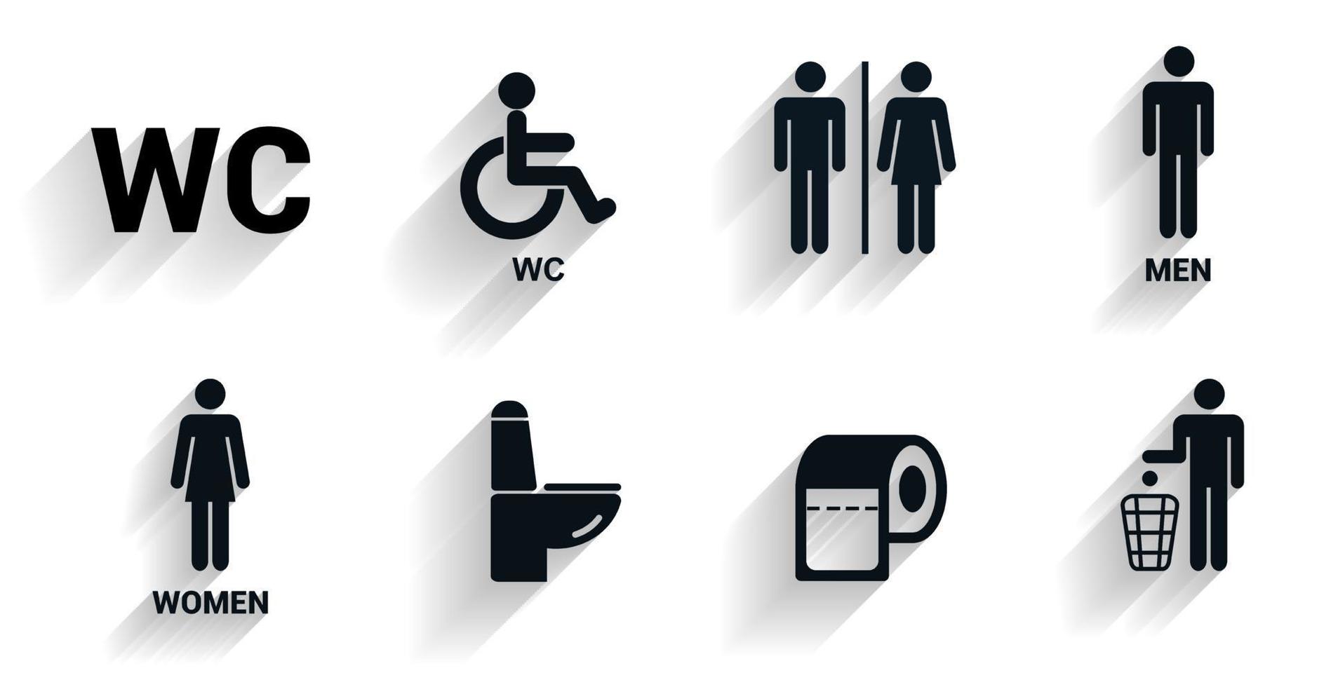 toilet pictogrammen instellen met schaduw. toilettekens, toiletpictogrammen. badkamer wc tekenen. plat ontwerp. vector illustratie.