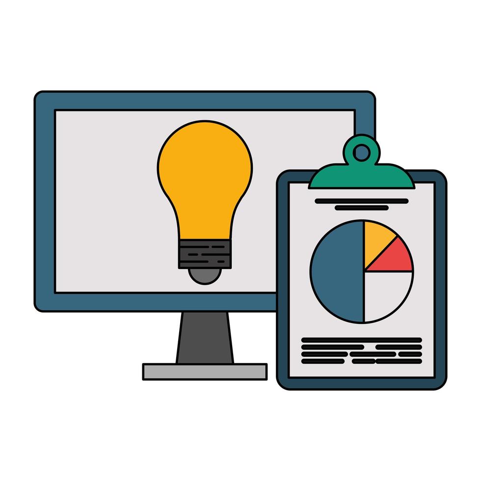 computer met gloeilamplicht en statistiekklembordsymbool vector